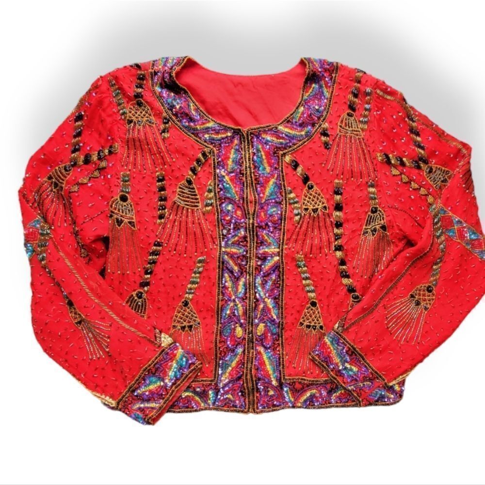 Vintage red beaded jacket - Picture 3 of 16